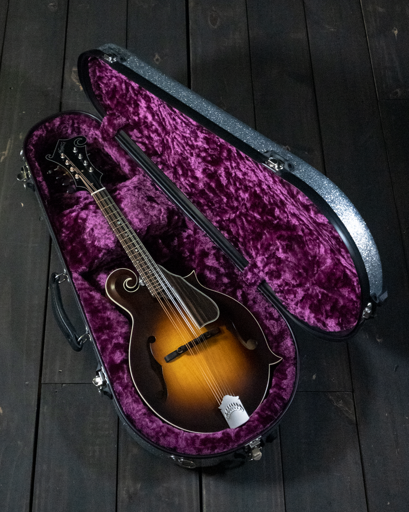 Calton Cases Mandolin Case, Fits F or A Model, Smooth Sterling Silver Sparkle, Purple Interior - NOS